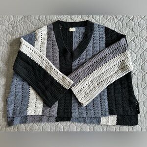 NWOT POL boxy striped v-neck open-knit sweater - gray, black, blue, cream - S-XL